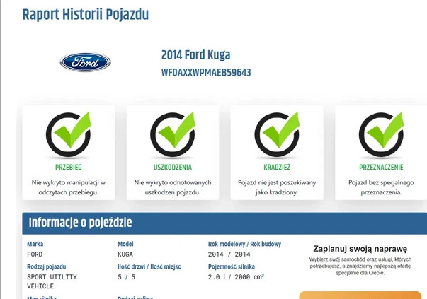 Ford Kuga cena 53900 przebieg: 199000, rok produkcji 2014 z Zielonka małe 436